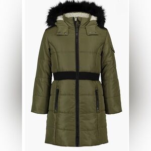 NWT Hudson Longline Puffer Coat Girls XL 16 Olive Green Winter Fur Trim Hooded